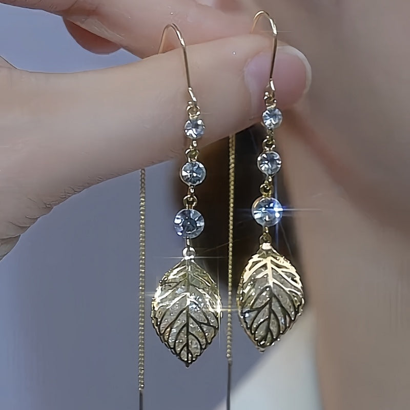 14K Gold-Plated Hollow Leaf Tassel Threader Earrings