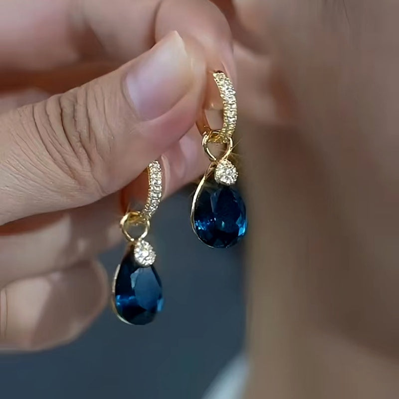 14K Gold-Plated Blue Water Drop Crystal Earrings