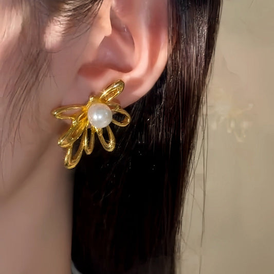 14K Gold-Plated Hollow Metal Flower Pearl Earrings