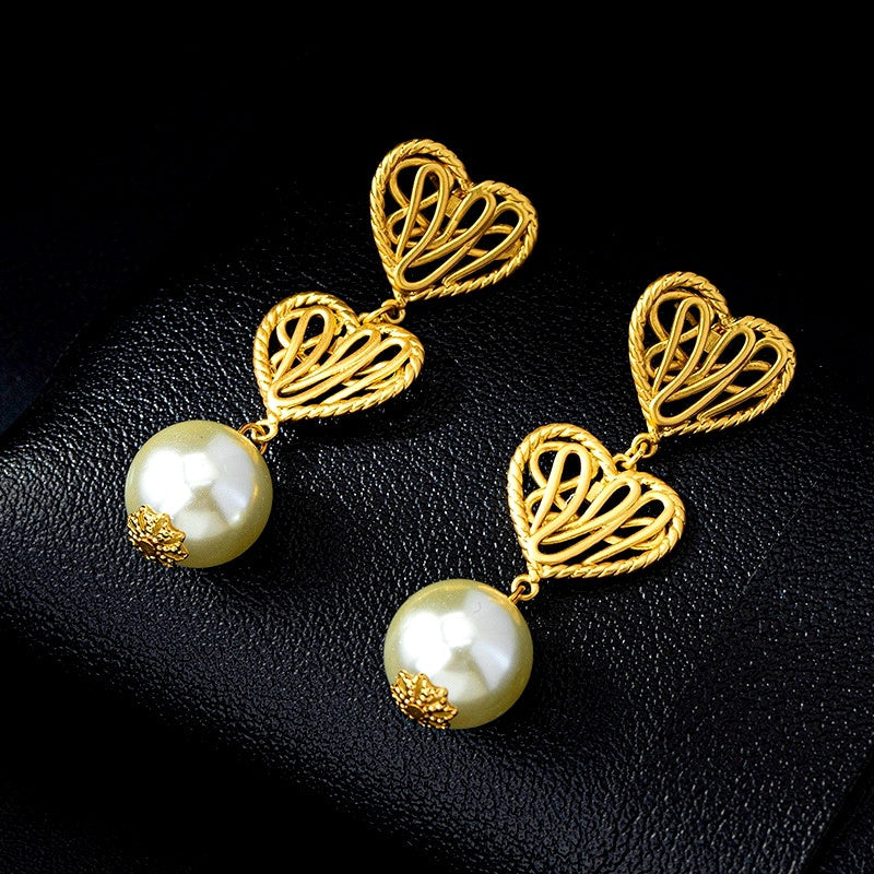 14K Gold-Plated Hollow Twisted Heart Pearl Earrings