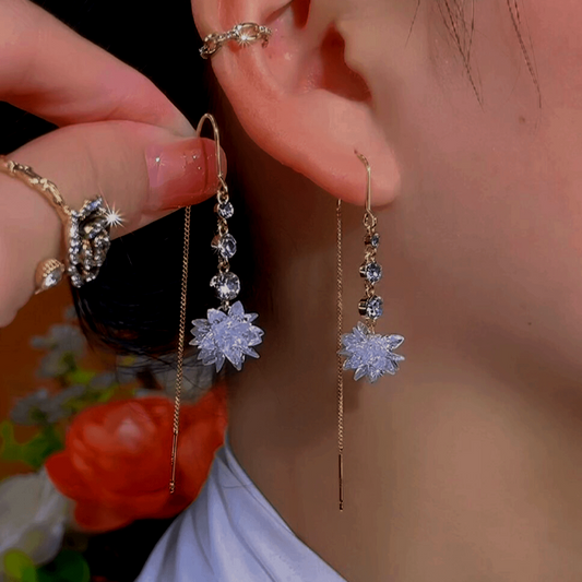 14K Gold-Plated Long Tassel Ice Flower Threader Earrings