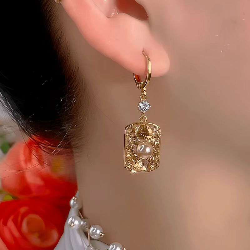 14K Gold-Plated Luxury Brown Diamond Pearl Earrings