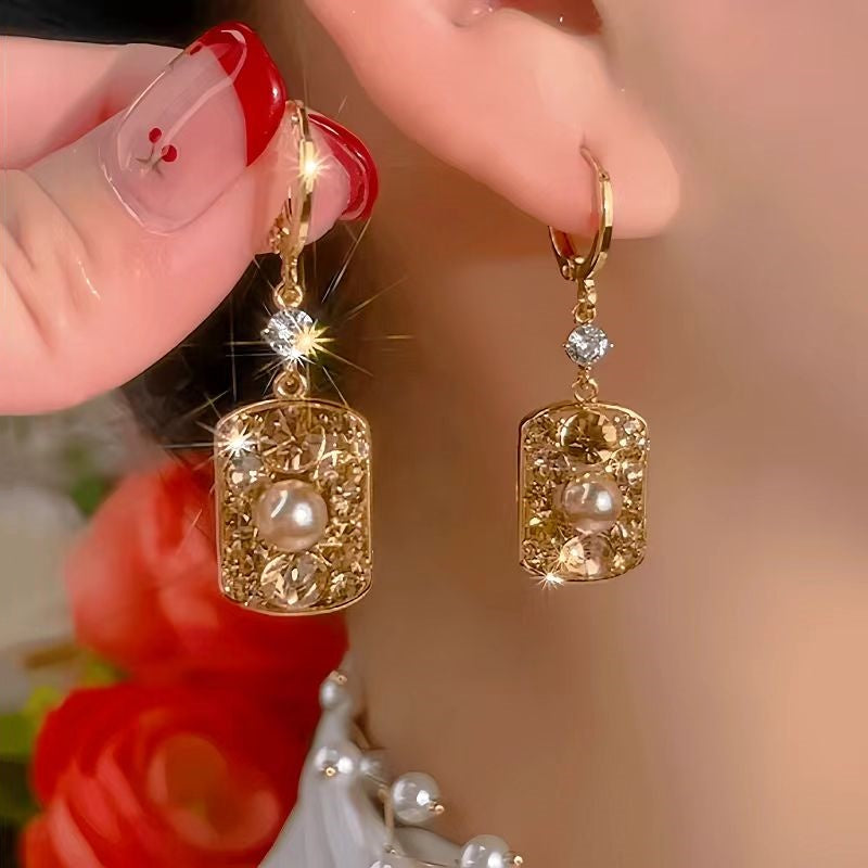 14K Gold-Plated Luxury Brown Diamond Pearl Earrings