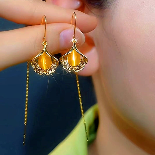 14K Gold-Plated Luxury Brown Leaf Threader Earrings