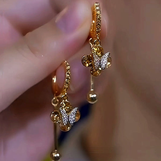 14K Gold-Plated Luxury Brown Zircon Crystal Butterfly Earrings