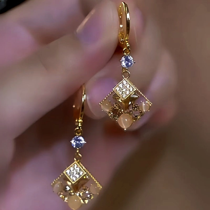 14K Gold-Plated Luxury Cat's Eye Stone Geometric Square Earrings