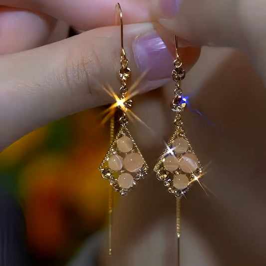 14K Gold-Plated Luxury Cat's Eye Zircon Threader Earrings