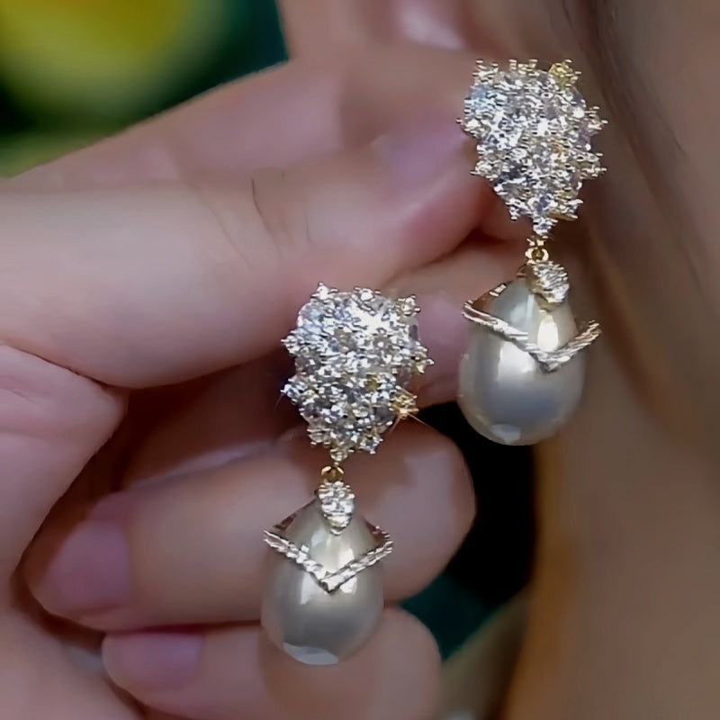 14K Gold-Plated Luxury Champagne Pearl Zircon Earrings