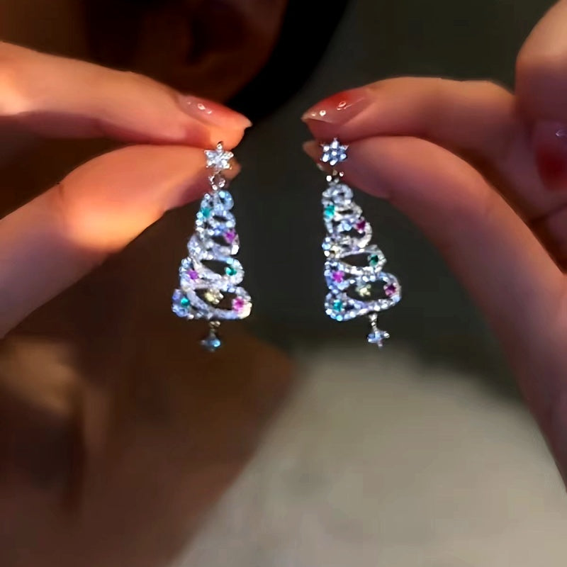 14K Gold-Plated Luxury Colorful Diamond Christmas Tree Earrings