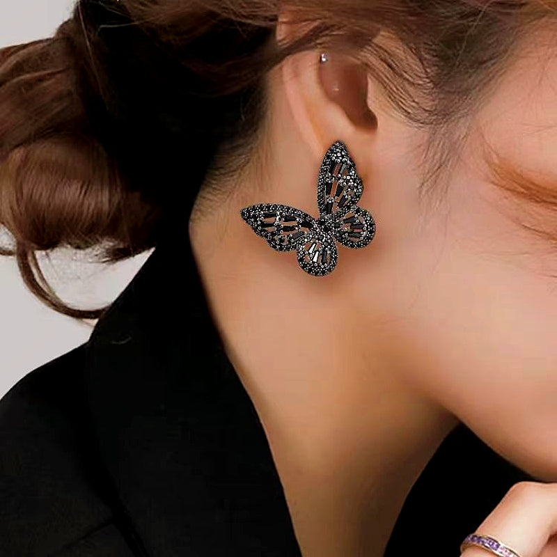 14K Gold-Plated Luxury Crystal Black Butterfly Earrings