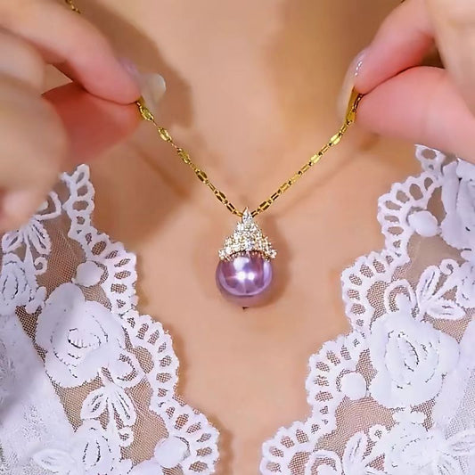 14K Gold-Plated Luxury Diamond-Encrusted Purple Pearl Necklaces