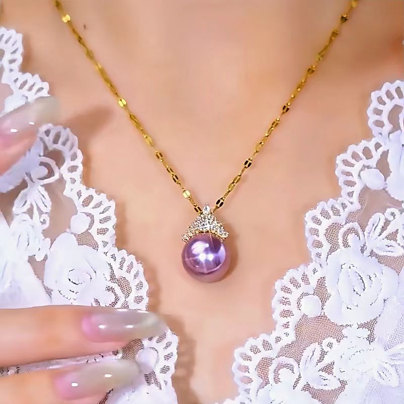 14K Gold-Plated Luxury Diamond-Encrusted Purple Pearl Necklaces