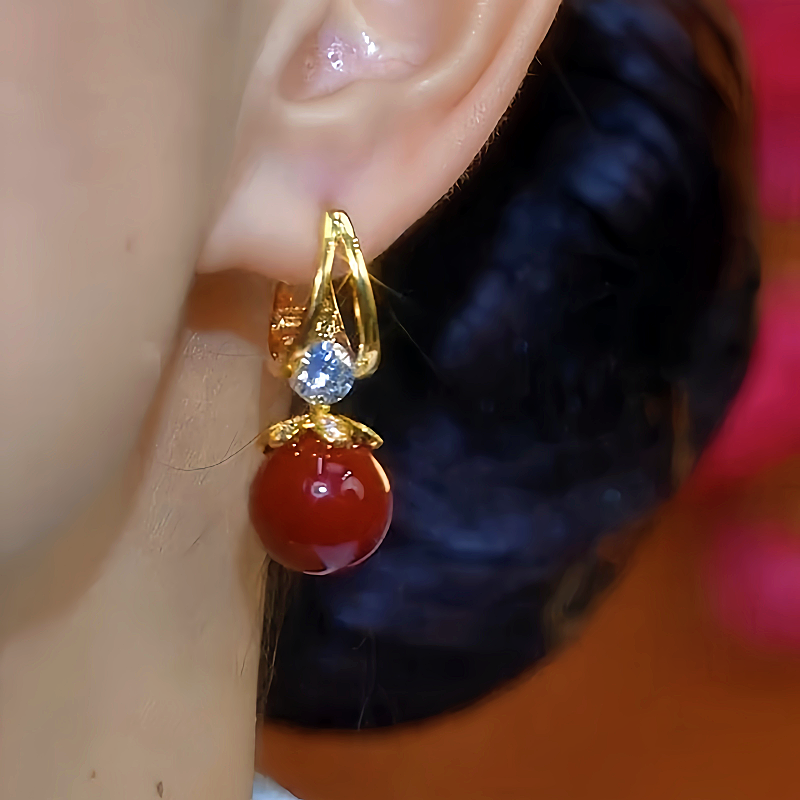 14K Gold-Plated Luxury Diamond-Studded Red Pearl Earrings