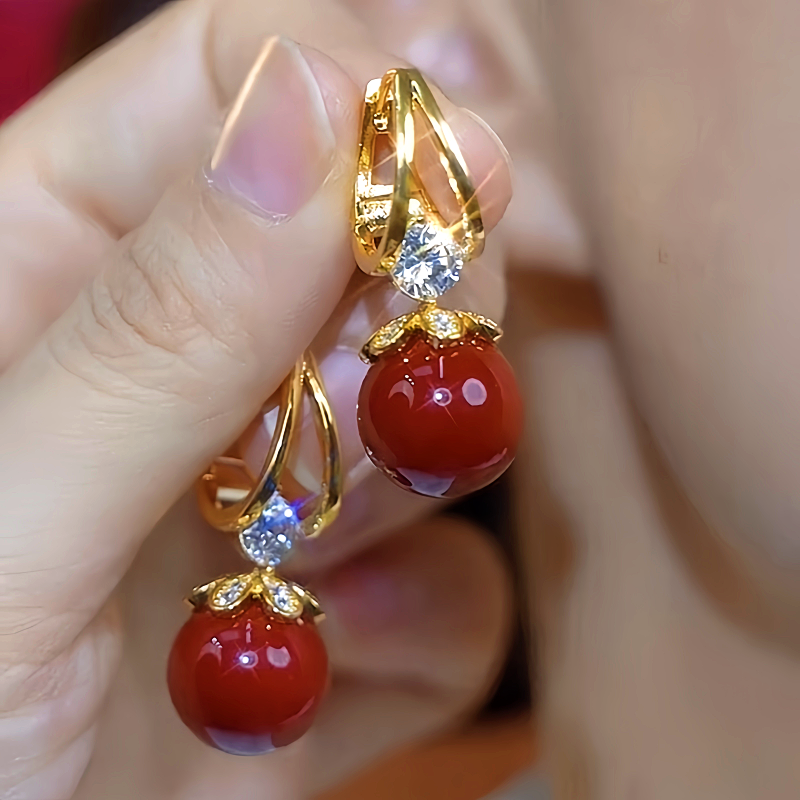 14K Gold-Plated Luxury Diamond-Studded Red Pearl Earrings