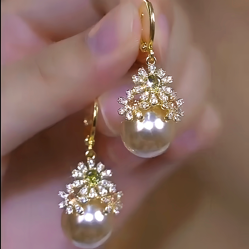 14K Gold-Plated Luxury Diamond Flower Pearl Earrings