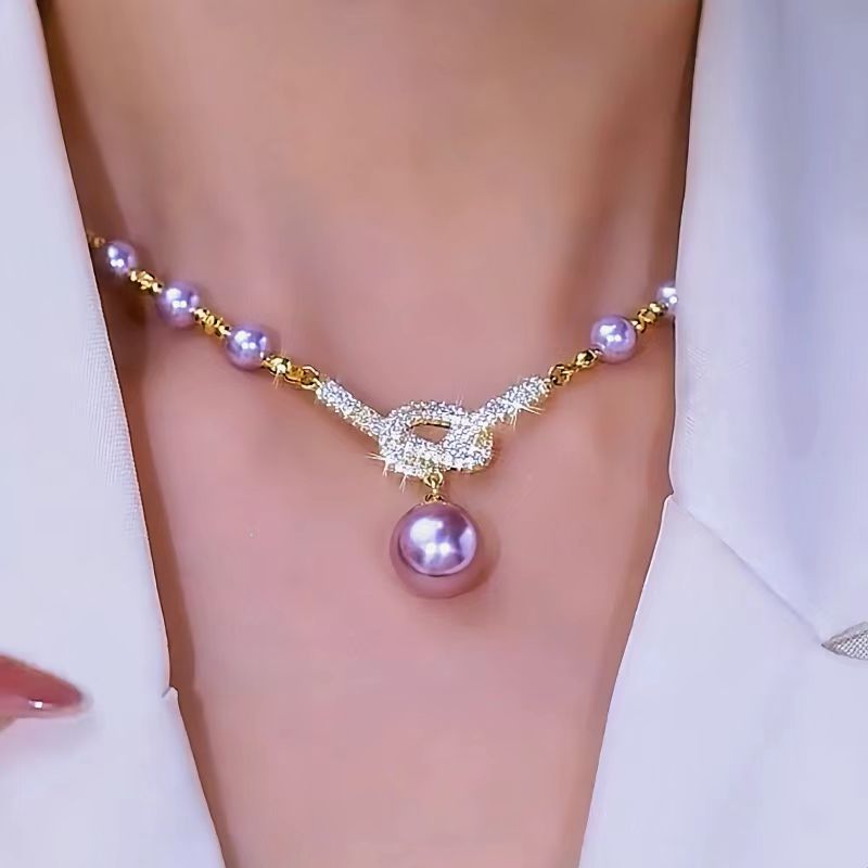 14K Gold-Plated Luxury Diamond Purple Pearl Necklace