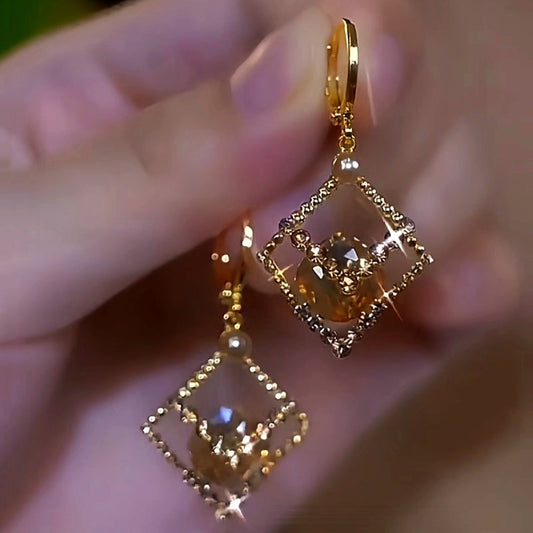 14K Gold-Plated Luxury Geometric Diamond Brown Crystal Earrings