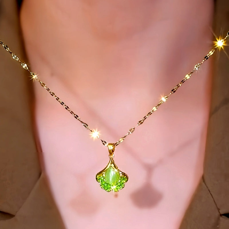 14K Gold-Plated Luxury Green Cat's Eye Leaf Necklaces