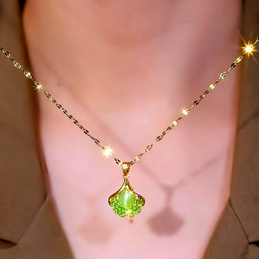 14K Gold-Plated Luxury Green Cat's Eye Leaf Necklaces