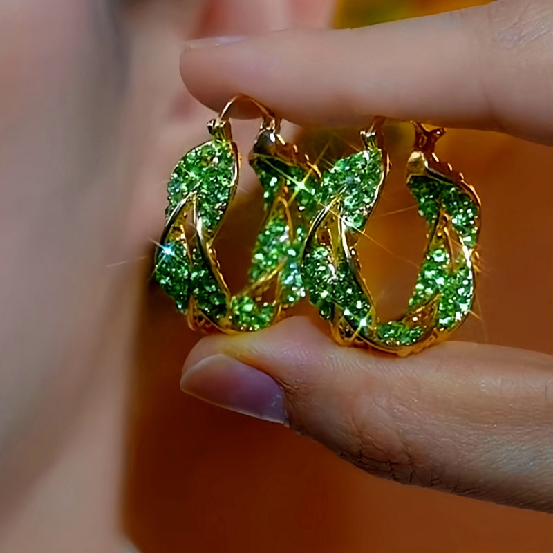 14K Gold-Plated Luxury Green Crystal Twisted Earrings