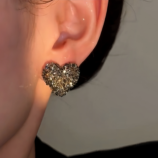 14K Gold-Plated Luxury Grey Diamond Heart Stud Earrings