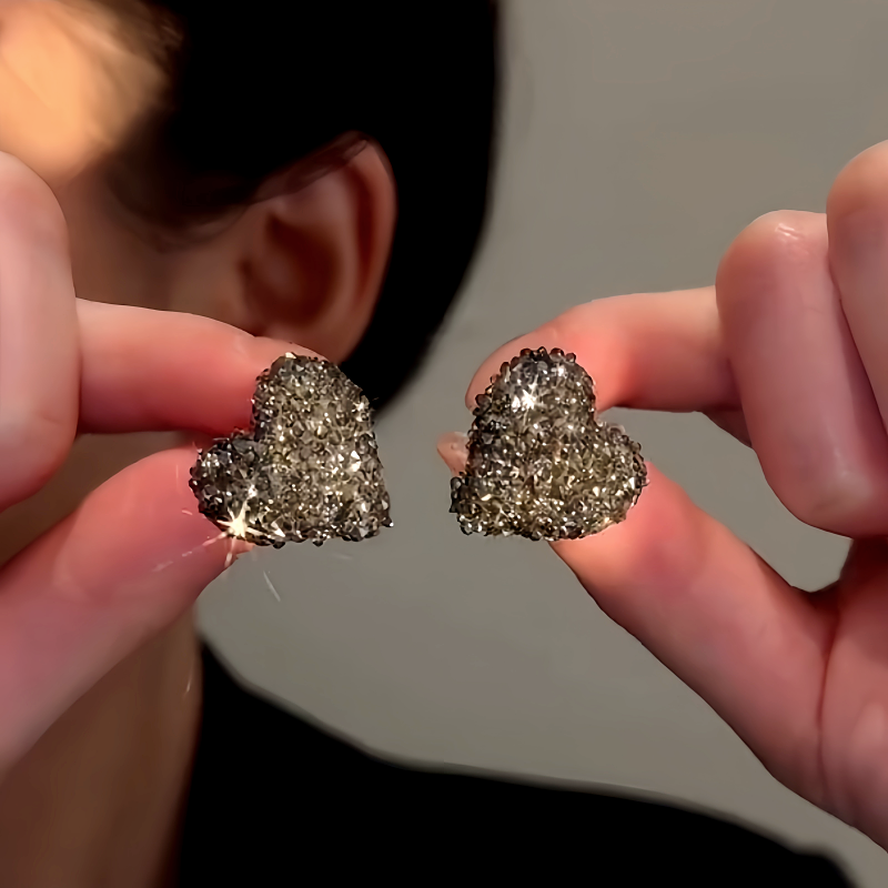 14K Gold-Plated Luxury Grey Diamond Heart Stud Earrings