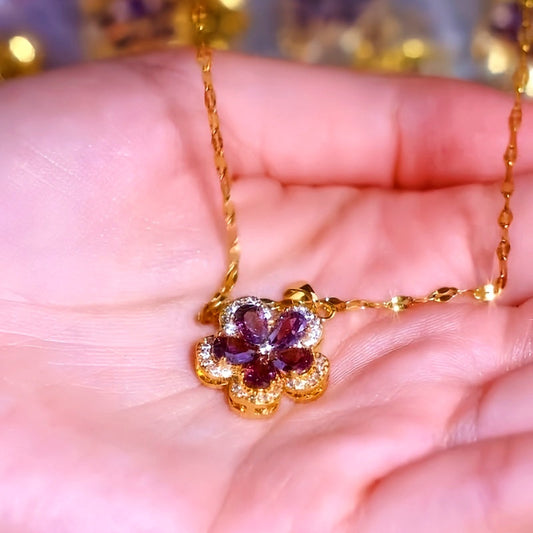 14K Gold-Plated Luxury Purple Crystal Flower Necklaces