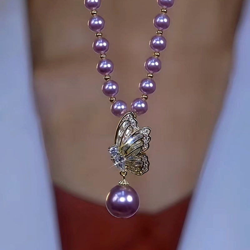 14K Gold-Plated Luxury Purple Pearl Diamond Butterfly Necklace