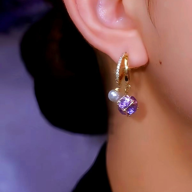 14K Gold-Plated Luxury Purple Zircon Pearl Earrings