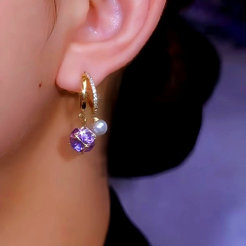 14K Gold-Plated Luxury Purple Zircon Pearl Earrings