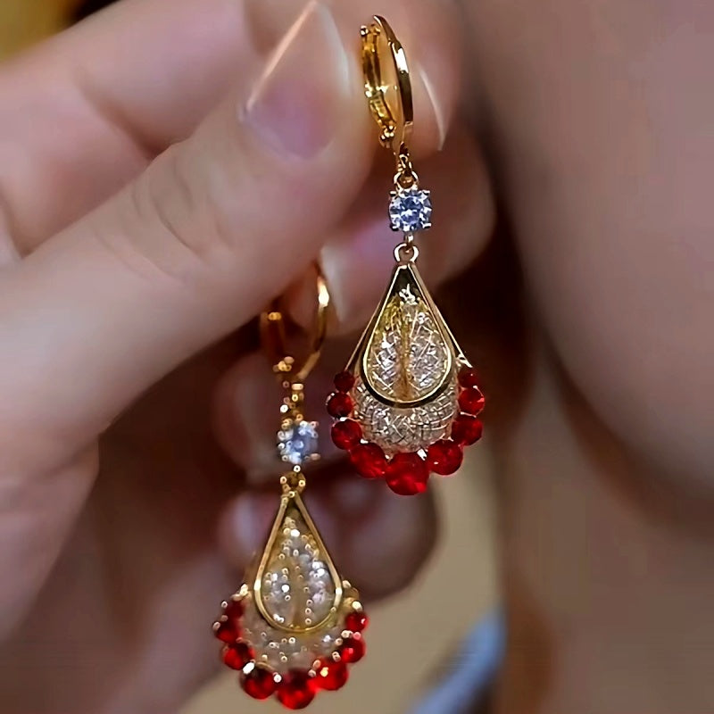 14K Gold-Plated Luxury Red Diamond Mesh Water Drop Earrings