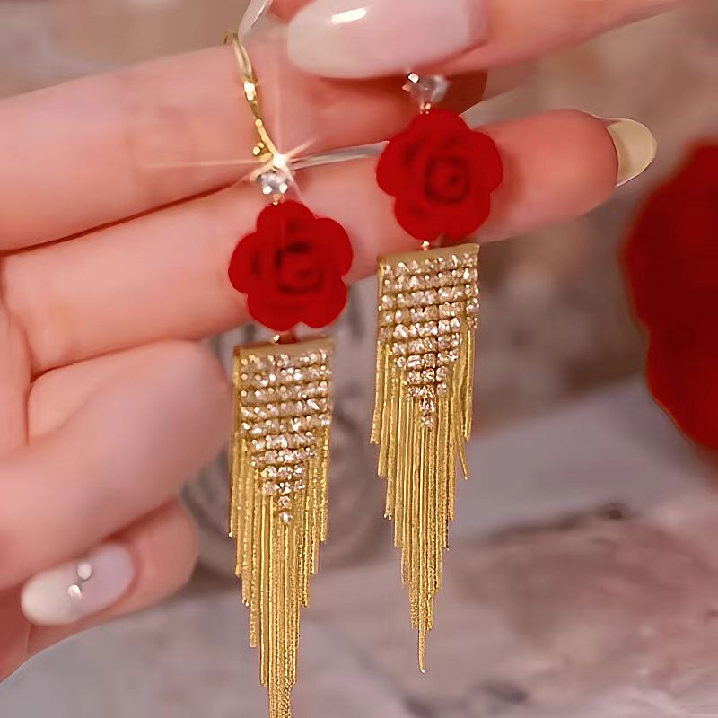 14K Gold-Plated Luxury Red Rose Diamond Tassel Ear Hook Earrings