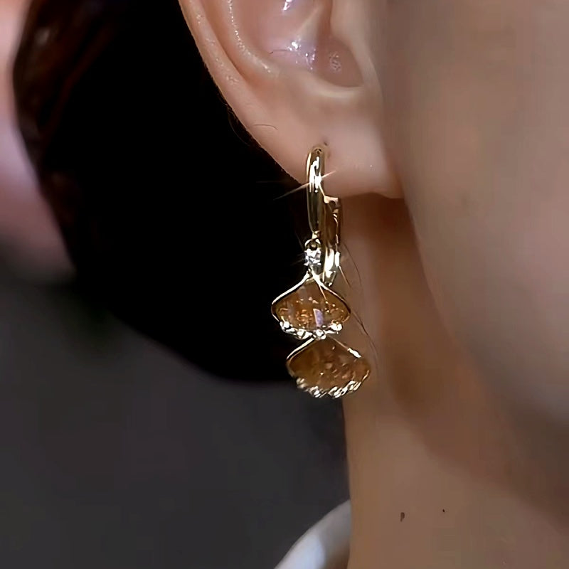 14K Gold-Plated Luxury Zircon Brown Leaf Earrings