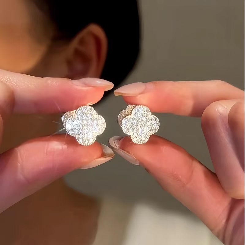 14K Gold-Plated Luxury Zircon Diamond Four-Leaf Flower Earrings