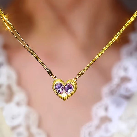 14K Gold-Plated Purple Crystal Heart Pendant Clavicle Chain Necklaces