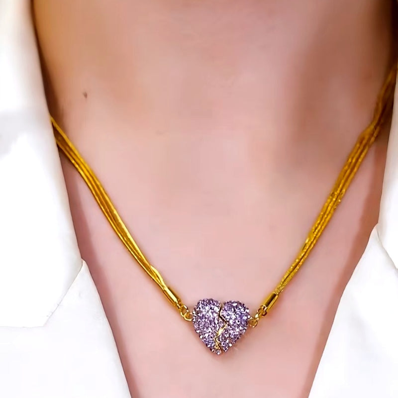 14K Gold-Plated Purple Diamond Magnetic Heart Necklaces