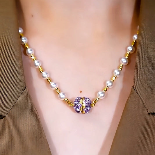 14K Gold-Plated Purple Diamond Magnetic Pearl Necklaces