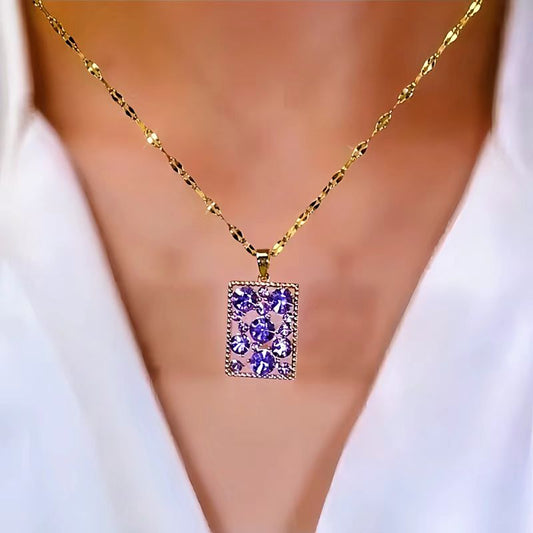 14K Gold-Plated Purple Diamond Rectangular Pendant Necklaces