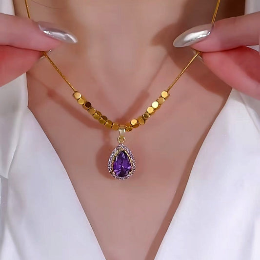 14K Gold-Plated Purple Diamond Water Drop Necklace