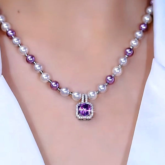 14K Gold-Plated Purple Full Diamond Sugar Cube Pearl Necklace