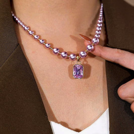 14K Gold-Plated Purple Zircon Diamond Pearl Necklace