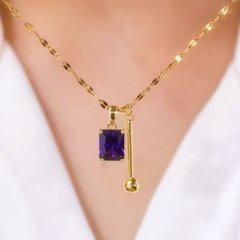 14K Gold-Plated Purple Zircon Square Crystal Necklaces