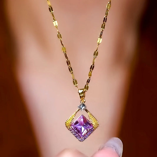 14K Gold-Plated Purple Zircon Sugar Cube Necklaces