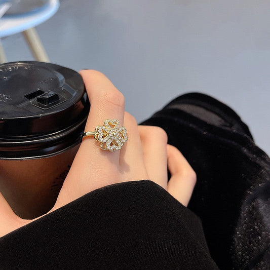 14K Gold-Plated Rotatable Diamond Four-Leaf Clover Heart Rings