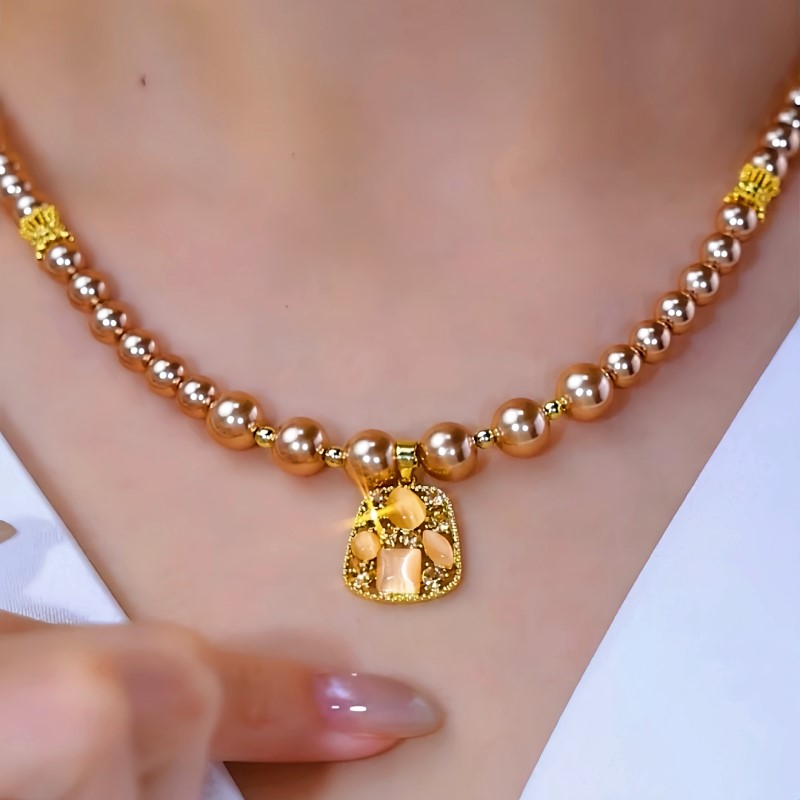 14K Gold-Plated Zircon Diamond-Encrusted Square Pearl Necklace