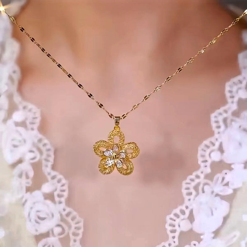 14K Gold-Plated Zircon Five-Petal Flower Pendant Necklaces