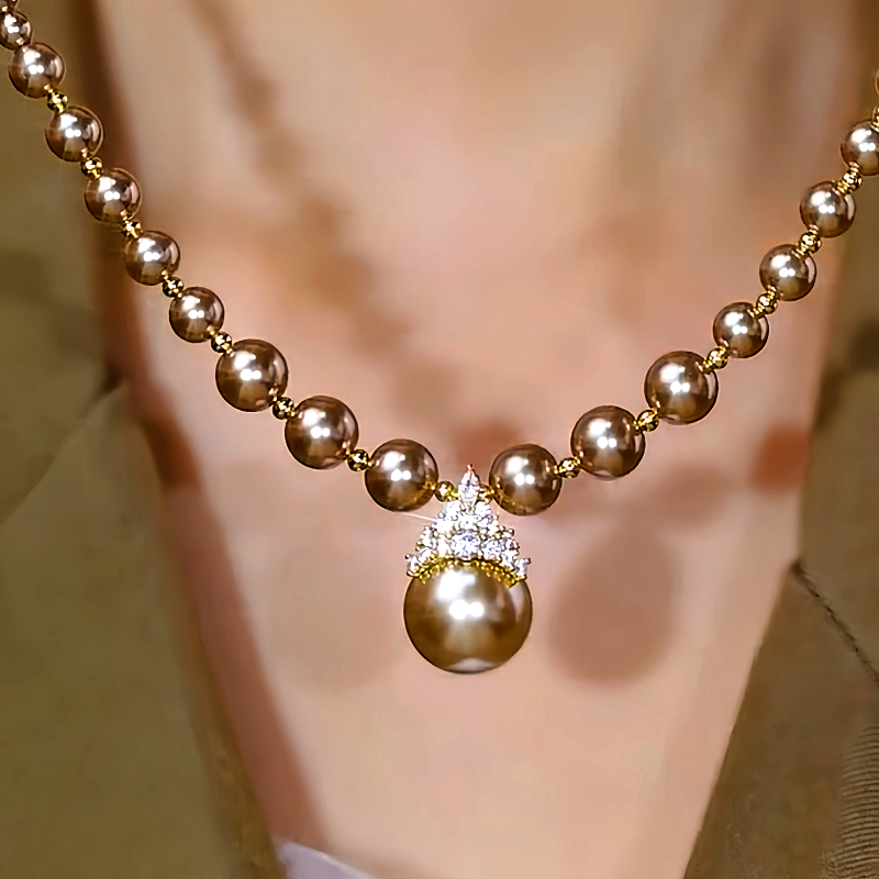 14K Gold-Plated Zircon Inlaid Champagne Pearl Necklace