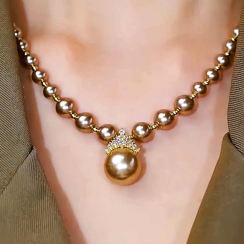 14K Gold-Plated Zircon Inlaid Champagne Pearl Necklace