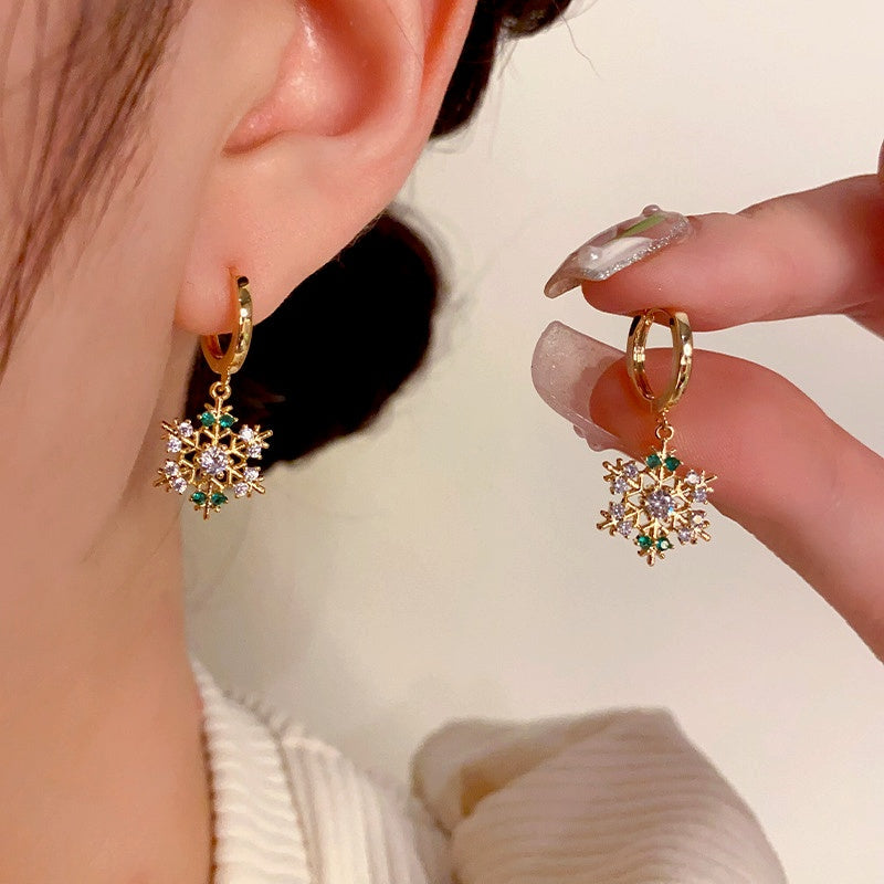 14K Gold-Plated Christmas Zircon Snowflake Earrings