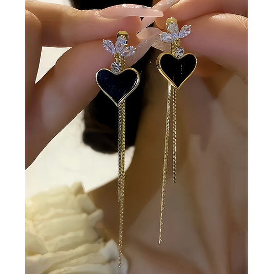 14K Gold-plated Black Heart Tassel Earrings